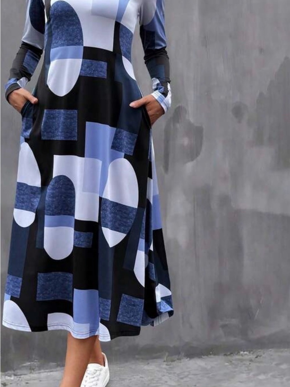 Blue Geometric Long Sleeve Midi Dress - Modern Women's Dress